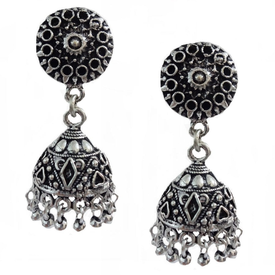 Oxidized Jhumki in silver colour with rhombus design