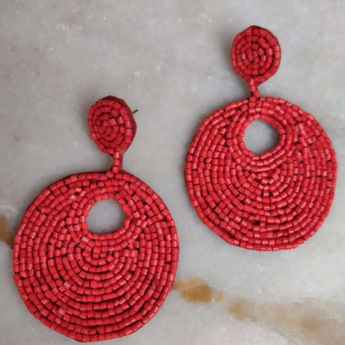 Earrings - Beaded Red Discs