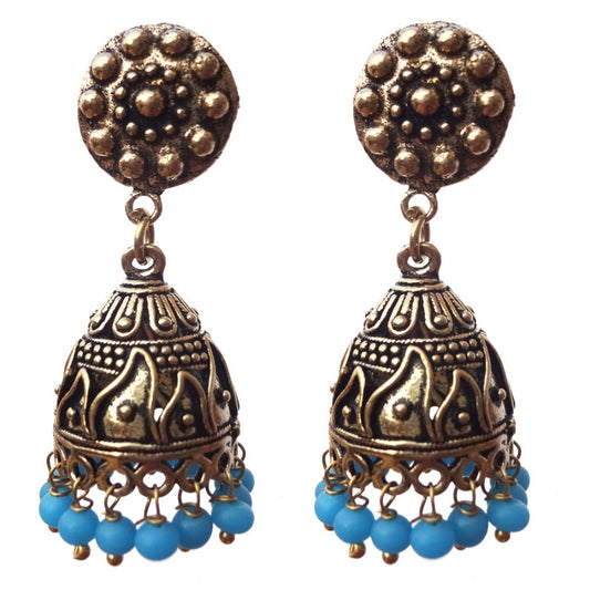 Oxidized Jhumki - golden dome with blue beads