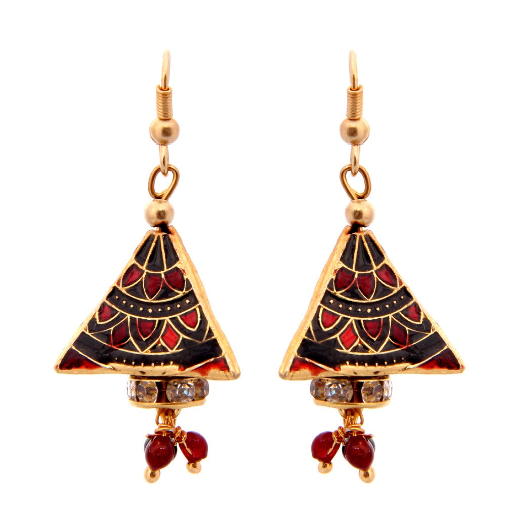 Emaillierte Jhumkis - Mini-Ohrringe in Pyramidenform mit elegantem roten Muster und rotem Tropfen