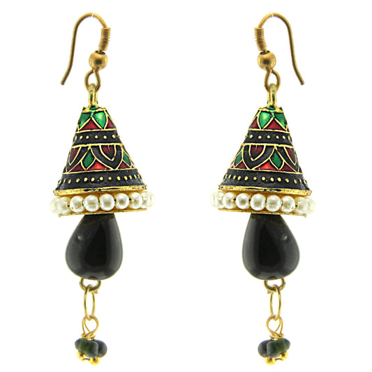 Emaillierte Jhumkis - Mini Ohrhänger mit elegantem grünen Design und schwarzem Tropfen