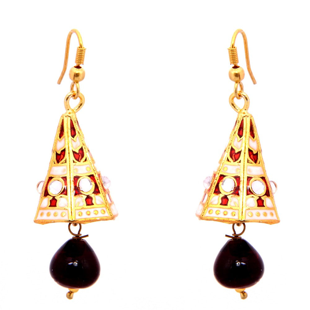 Emaillierte Jhumkis - Mini Ohrhänger in Pyramidenform mit elegantem rot-weißem Muster und schwarzer Schmuckperle
