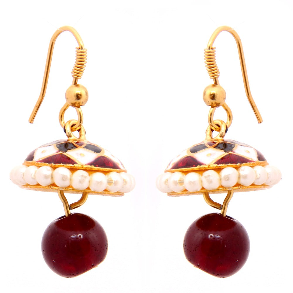 Emaillierte Jhumkis - Mini Ohrhänger mit rot-weißem Schachbrettmuster und roten Tropfen