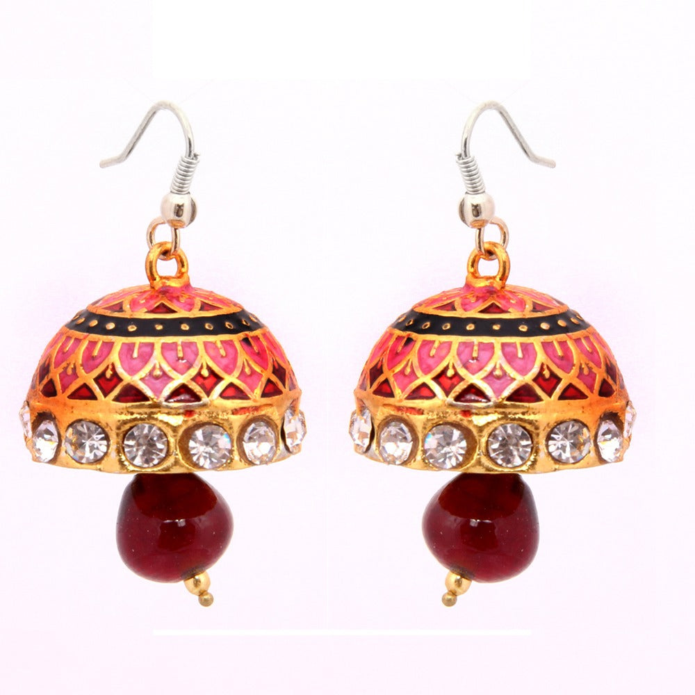 Emaillierte Jhumkis - Mini Ohrhänger mit elegantem orangenem Design und roten Tropfen