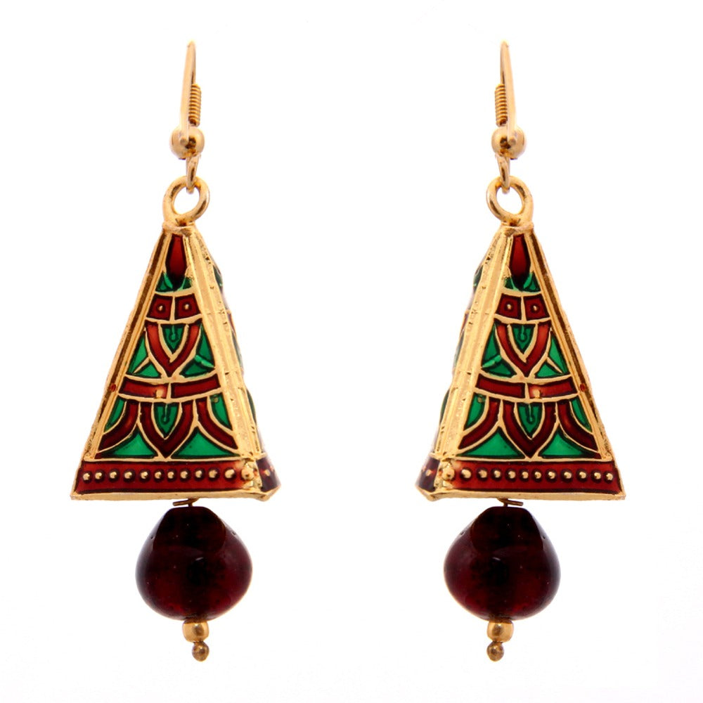 Emaillierte Jhumkis - Mini Ohrringe in Pyramidenform mit elegantem roten und grünen Muster und roter Schmuckperle