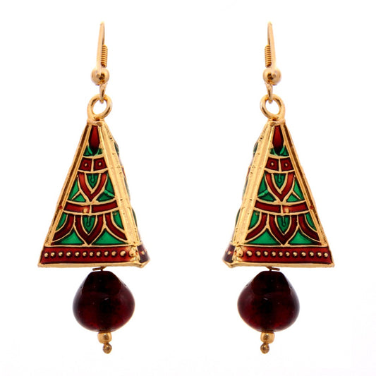 Emaillierte Jhumkis - Mini Ohrringe in Pyramidenform mit elegantem roten und grünen Muster und roter Schmuckperle