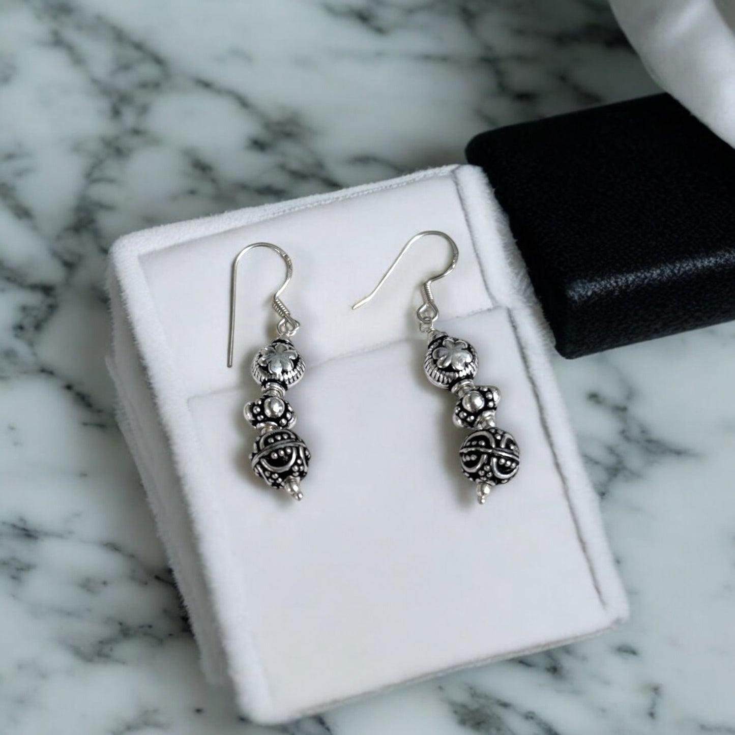 Silver Earrings - Antique Beaded Drops
