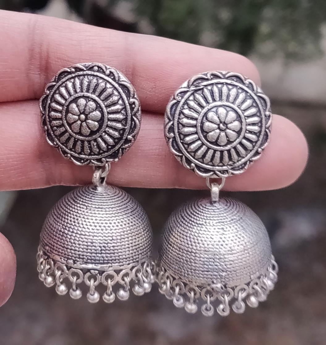 Oxidised Jhumki with flower stud
