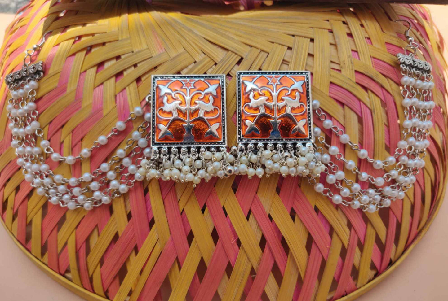 Enamelled Jhumki Square with beaded earchain in various colours