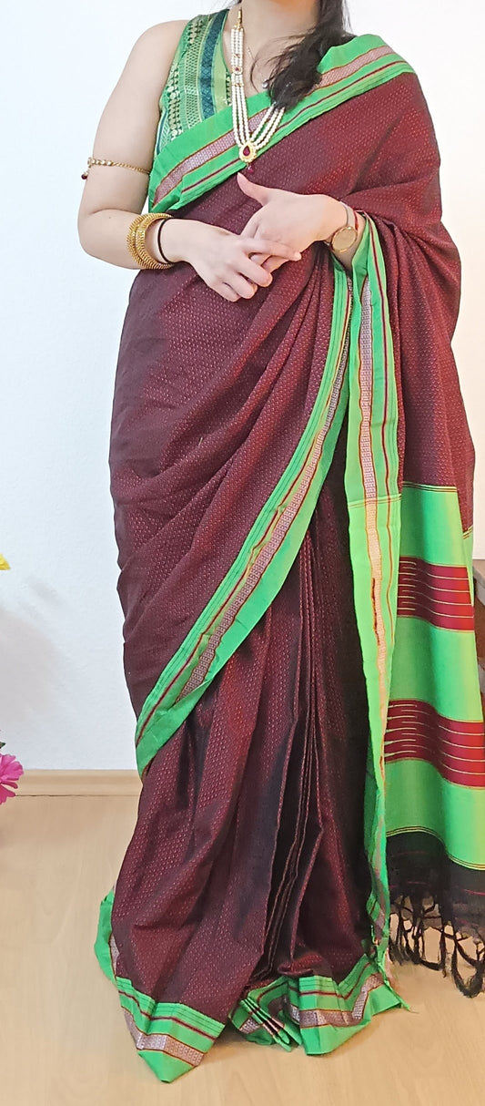 Stitched 6 Yards Saree in Khan fabric, dark red with green border