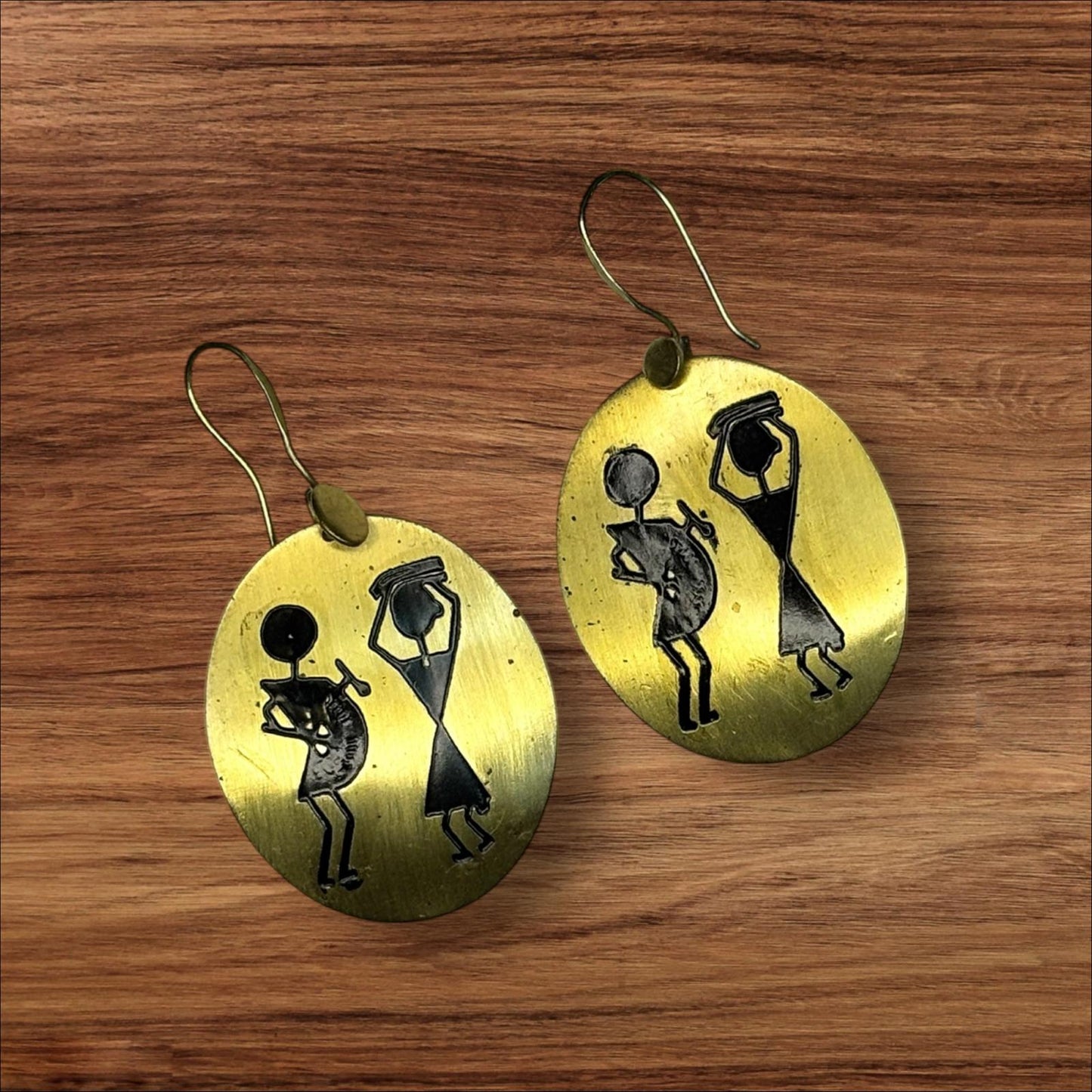 Earrings - Warli Art Etched Oval Drops