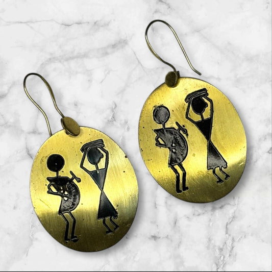 Earrings - Warli Art Etched Oval Drops