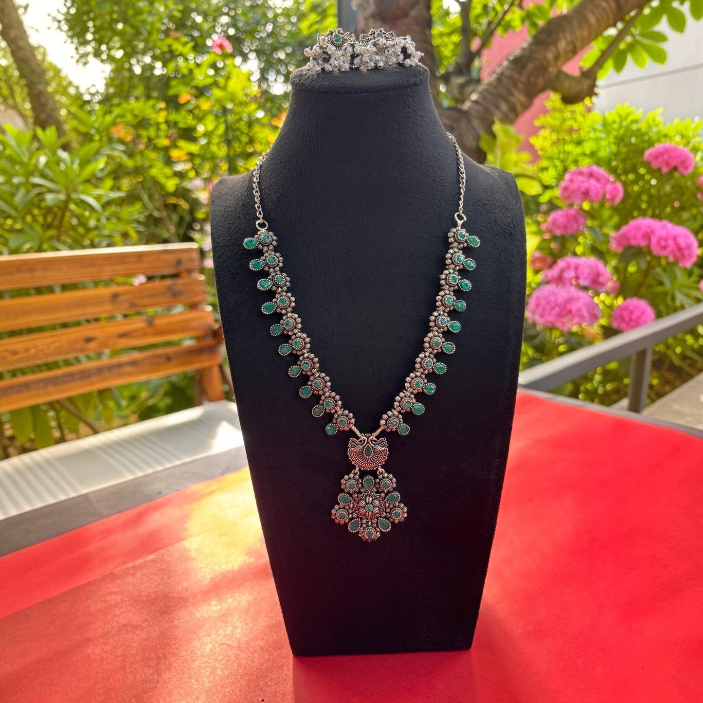 Oxidised Necklace - Green Stone Floral & Peacock Grace