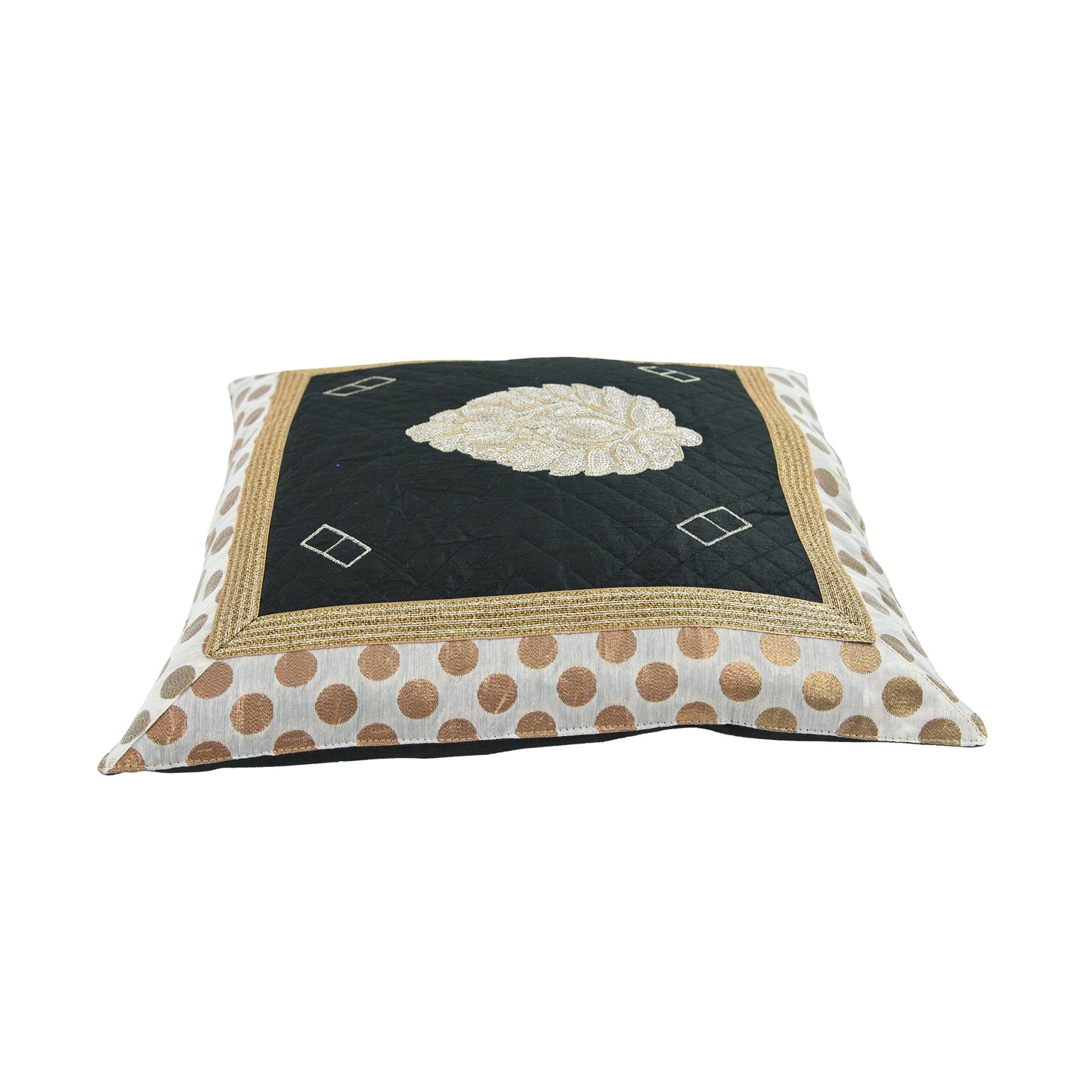 Seide Kissenhülle mit Blatt und Polkas Motiv in Schwarz Farbe