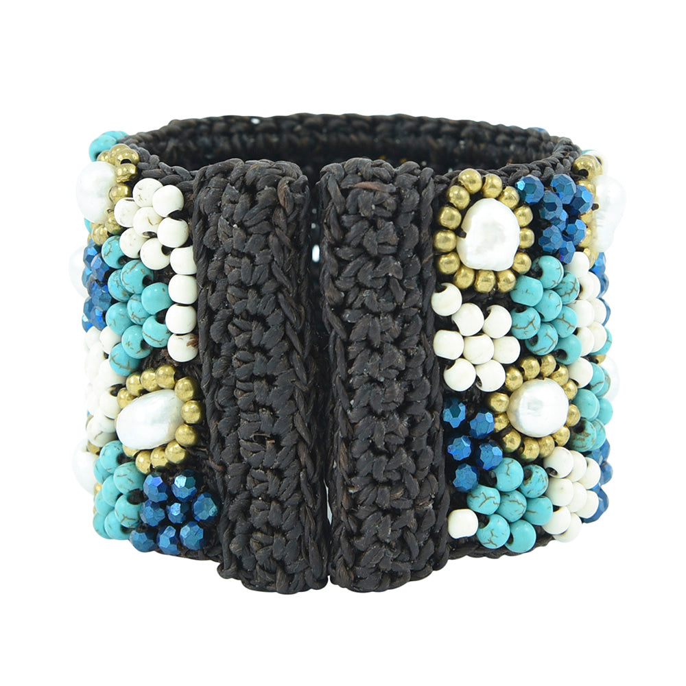 Armband - Türkisfarbene Kunstperlen Manschetten auf gewachstem Polyester