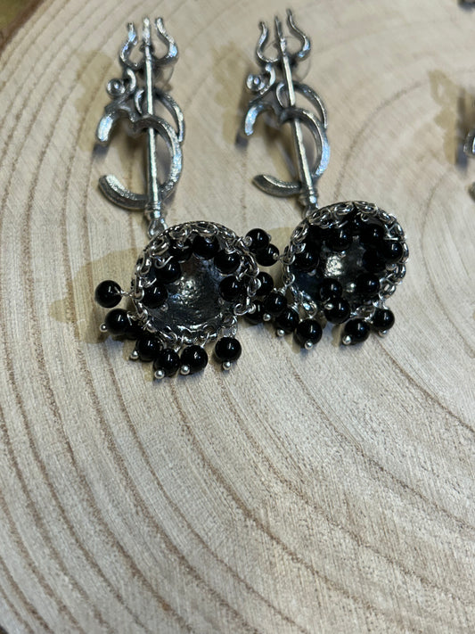Oxidized Jhumki with Om and Trident - Black Beads