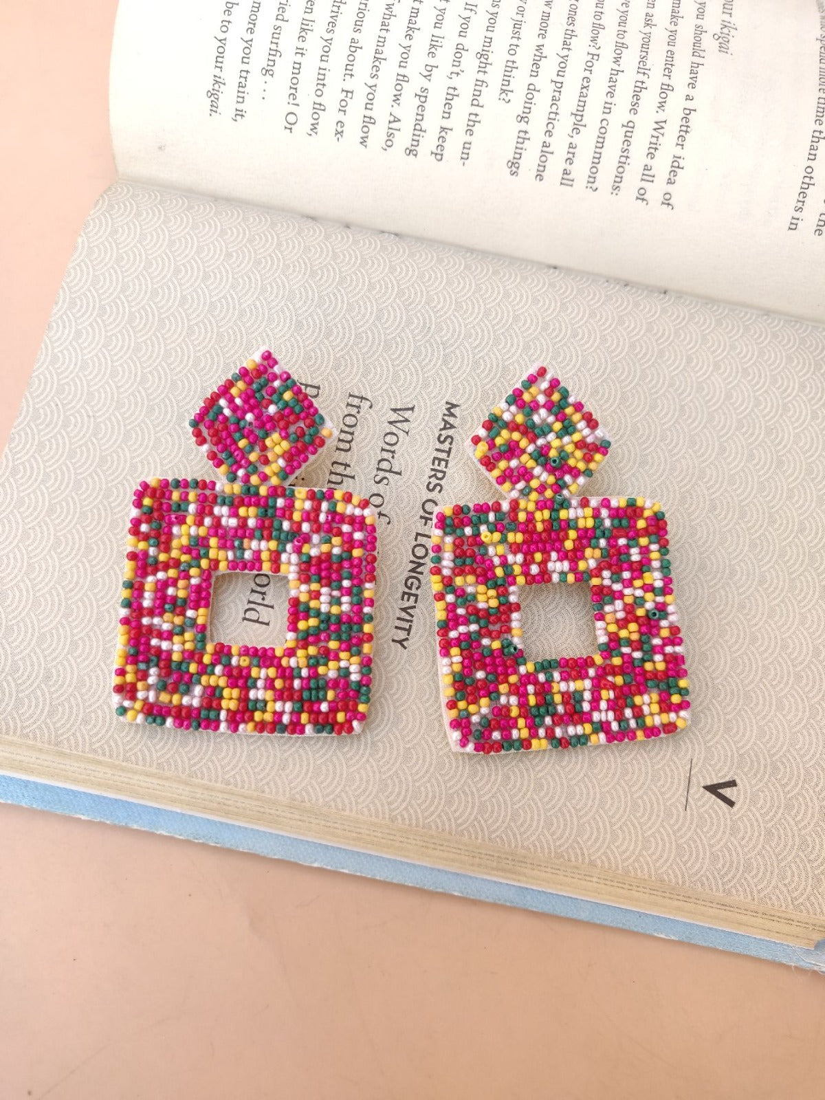 Handmade multi coloured beaded square shaped earrings
