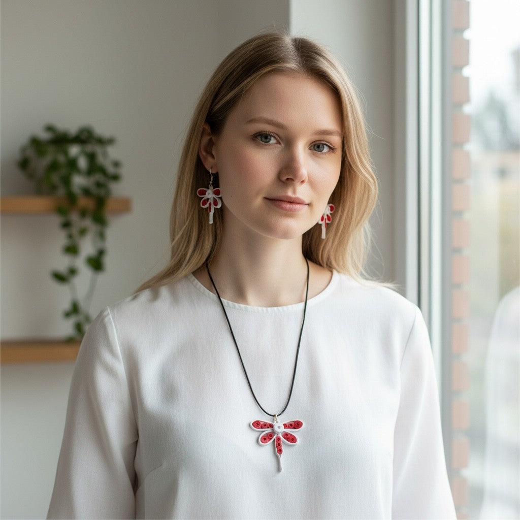 Earrings & Pendant set - Scarlet Flutter Dragonfly