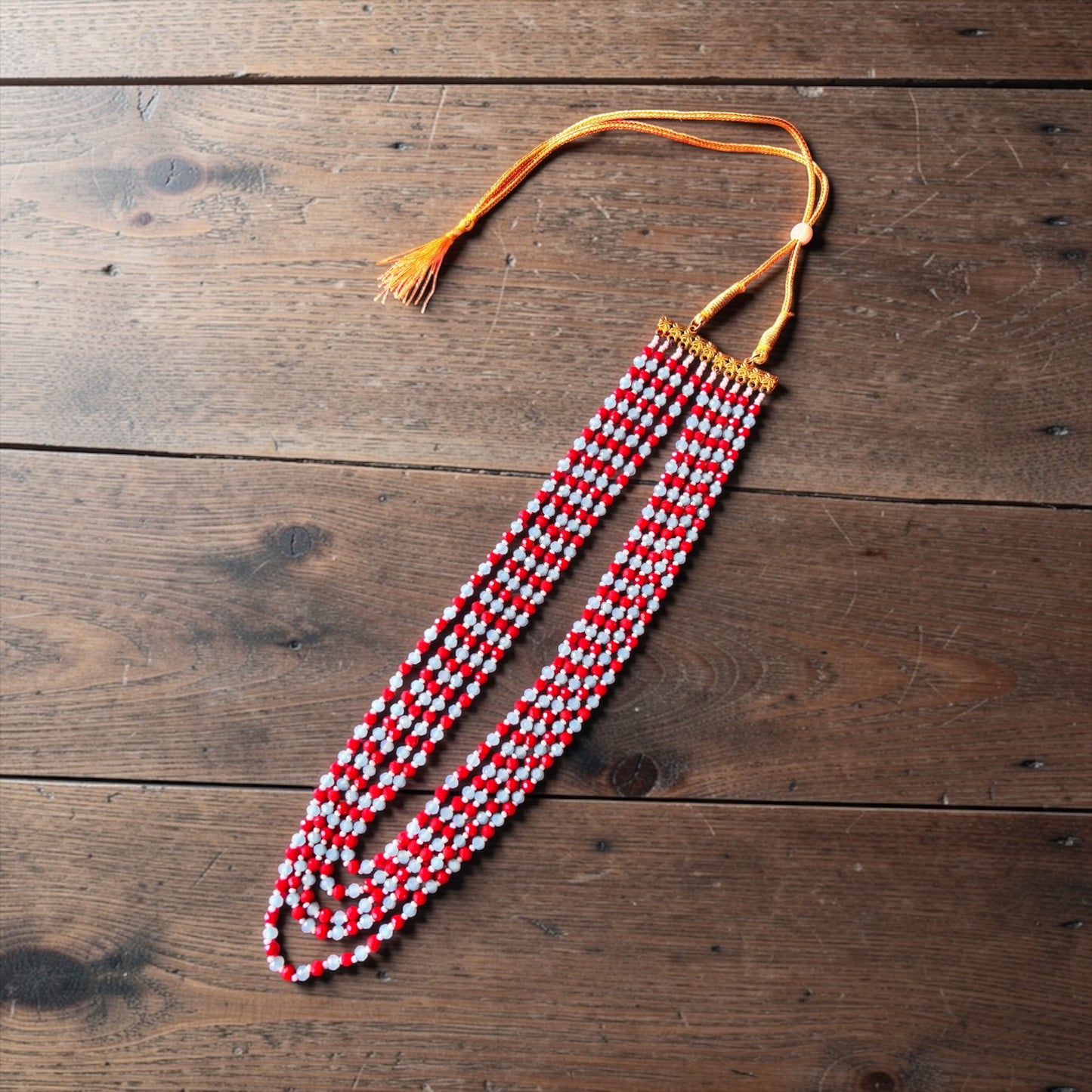 Necklace -Boho Red & Blue Beaded