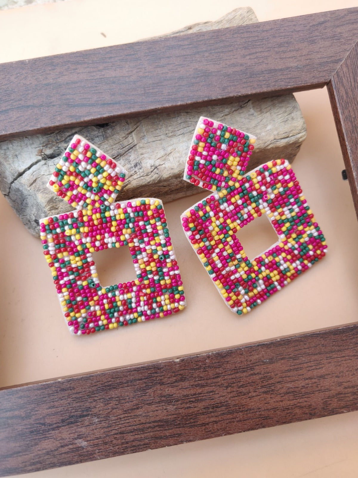 Handmade multi coloured beaded square shaped earrings
