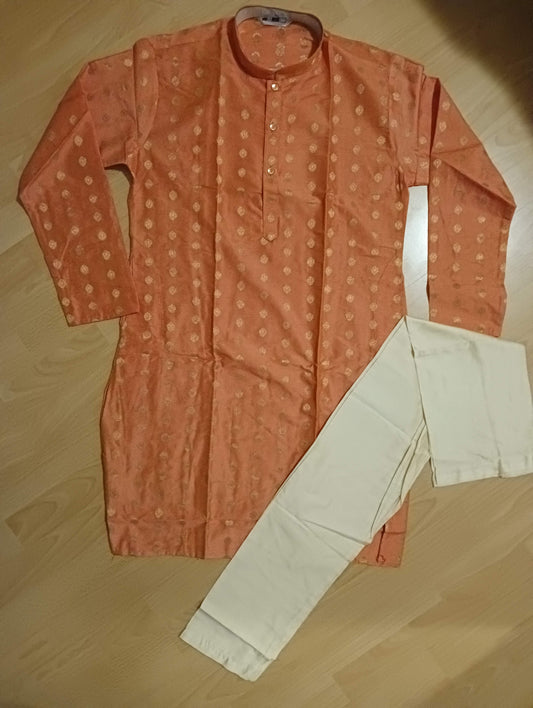 Orange coloured Kurta with off-white colour Pajama (Buy or rent)