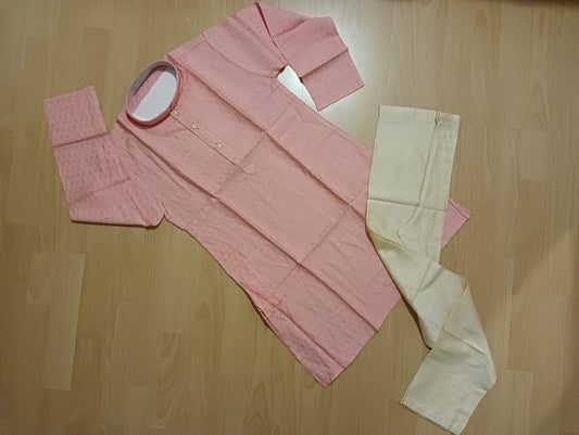 Rose pink coloured Kurta with off-white colour Pajama (Buy or rent)