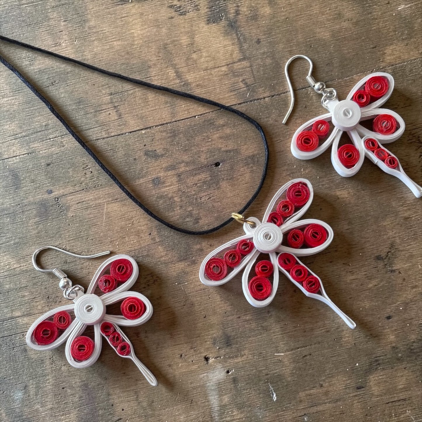 Earrings & Pendant set - Scarlet Flutter Dragonfly