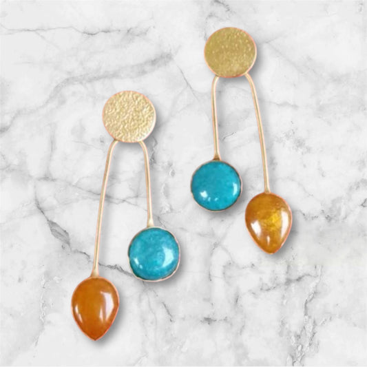Two drops earring, turquoise and brown