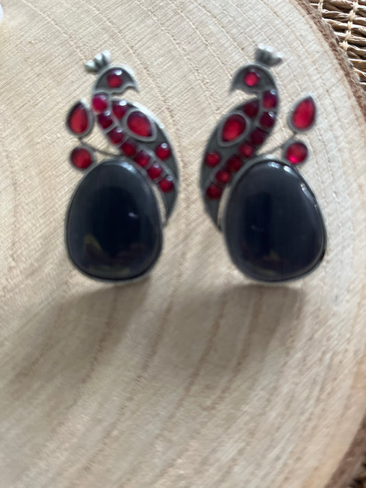 Oxidised antique earrings with pink peacock