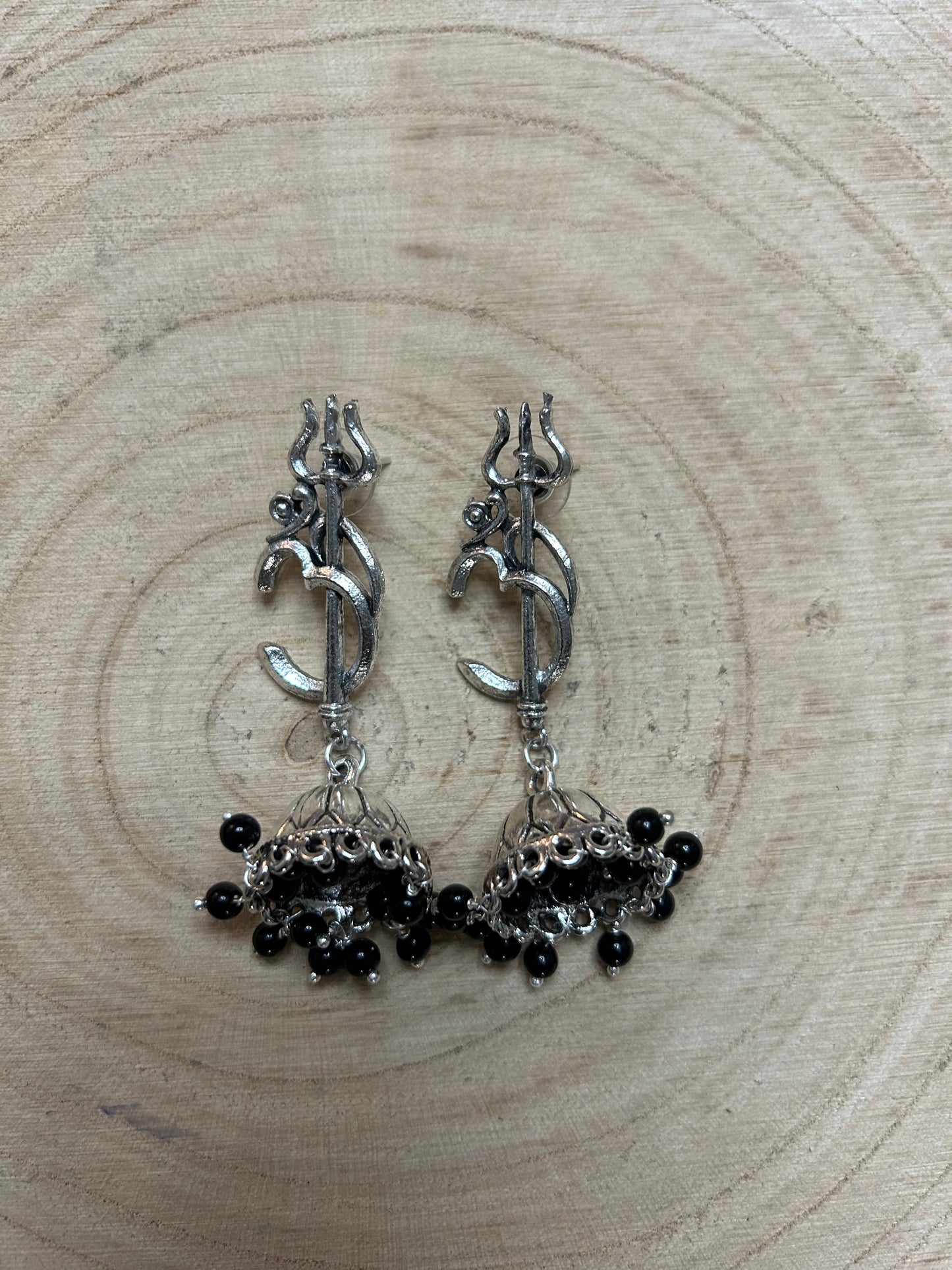 Oxidized Jhumki with Om and Trident - Black Beads