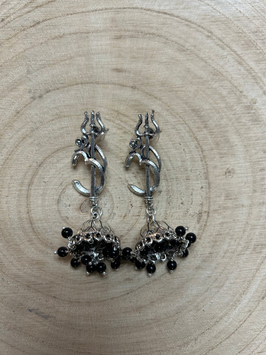 Oxidized Jhumki with Om and Trident - Black Beads