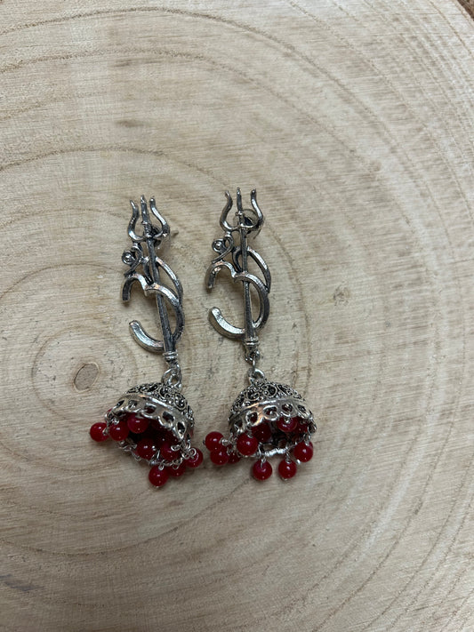 Oxidized Jhumki with Om and Trident - Red Beads
