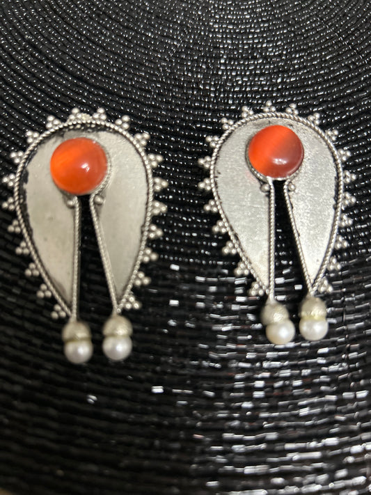 Oxidised antique earrings with orange oval