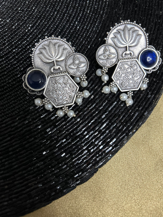 Oxidised antique earrings with lotus flower