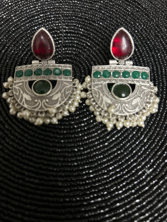 Oxidised antique earrings green and red flower