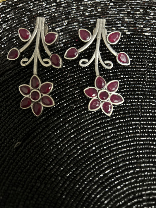 Oxidised antique earrings with red blooming flower