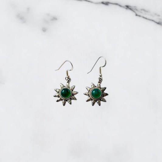 Silver Earrings - Green Onyx Sunburst