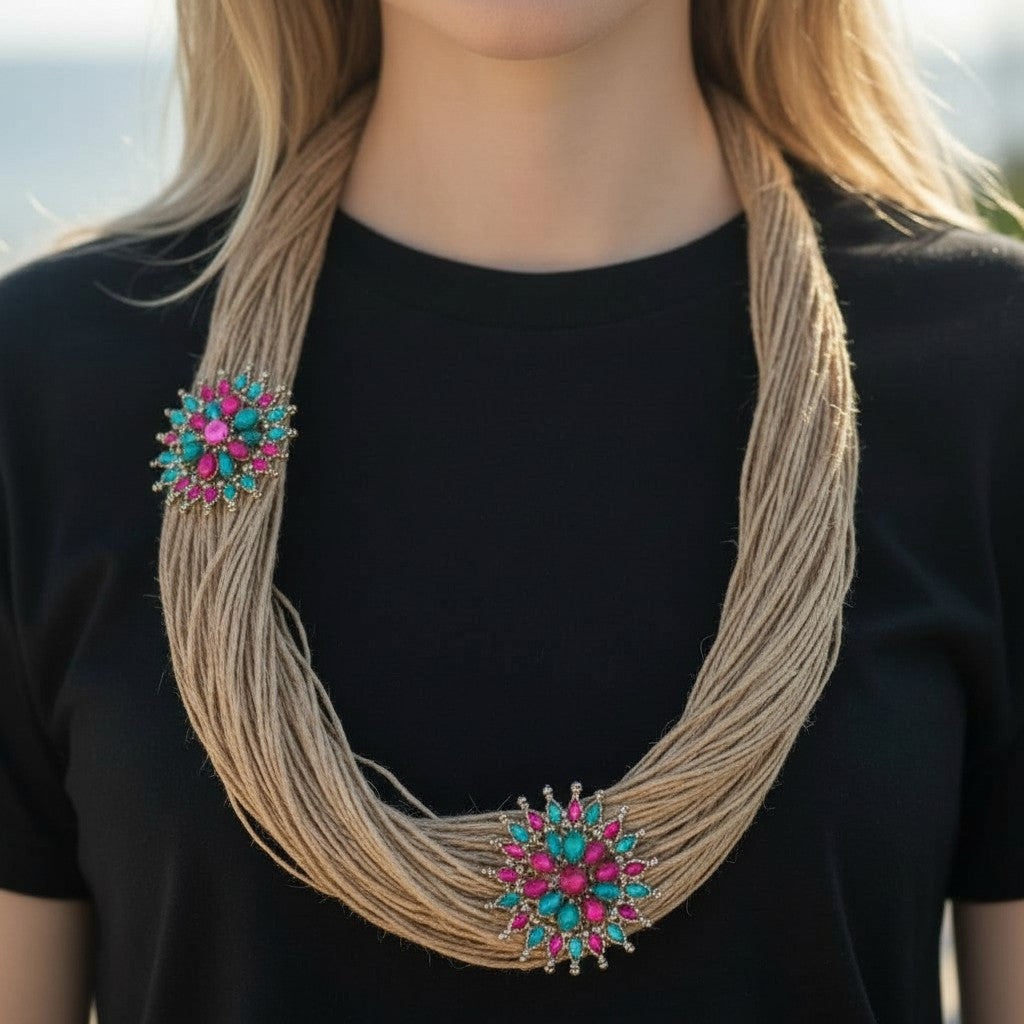 Jute Necklace -  Tropical Bloom