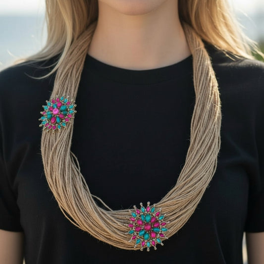Jute Necklace -  Tropical Bloom
