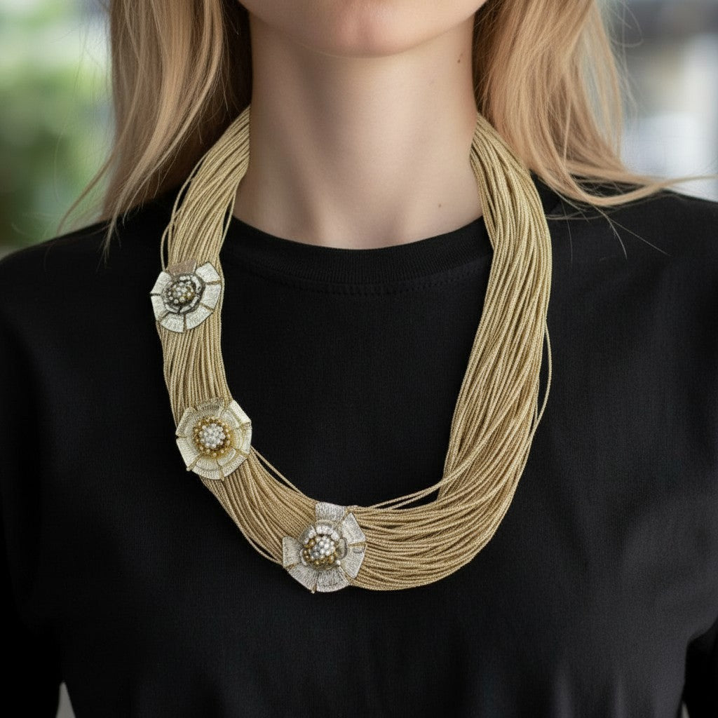 Jute Necklace - Floral Brooch