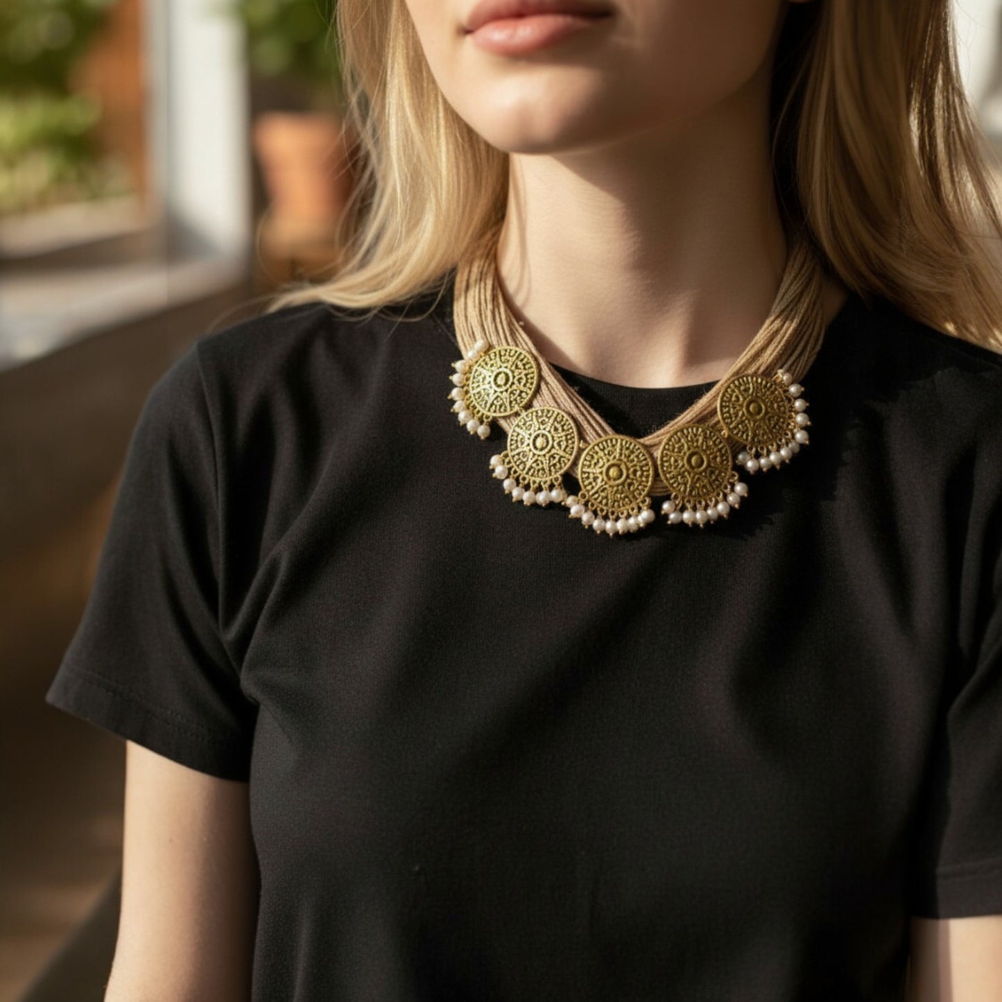 Jute Necklace - Antique Gold Medallion