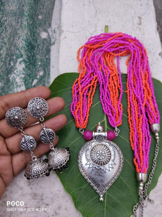 Beaded, oxidized long necklace with leaf pendent