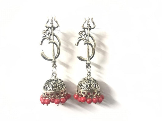 Oxidized Jhumki with Om and Trident - Red Beads