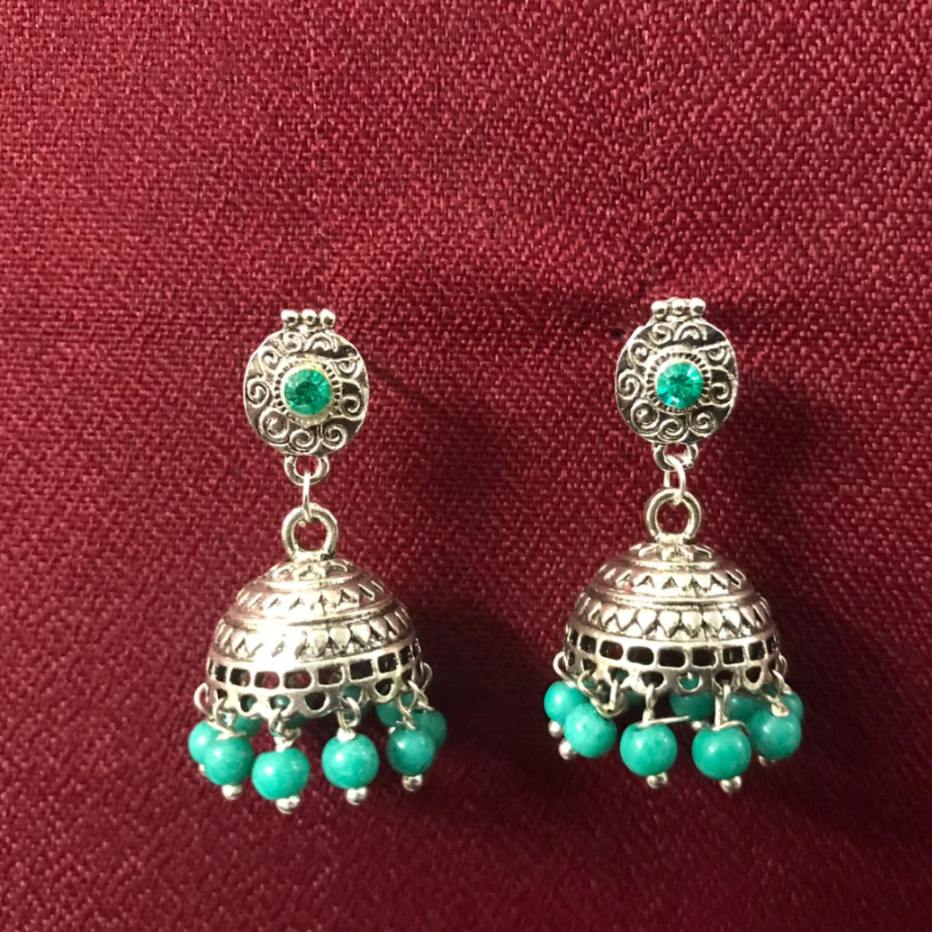 Ohrringe - Oxidized Jhumki with turquoise artificial beads