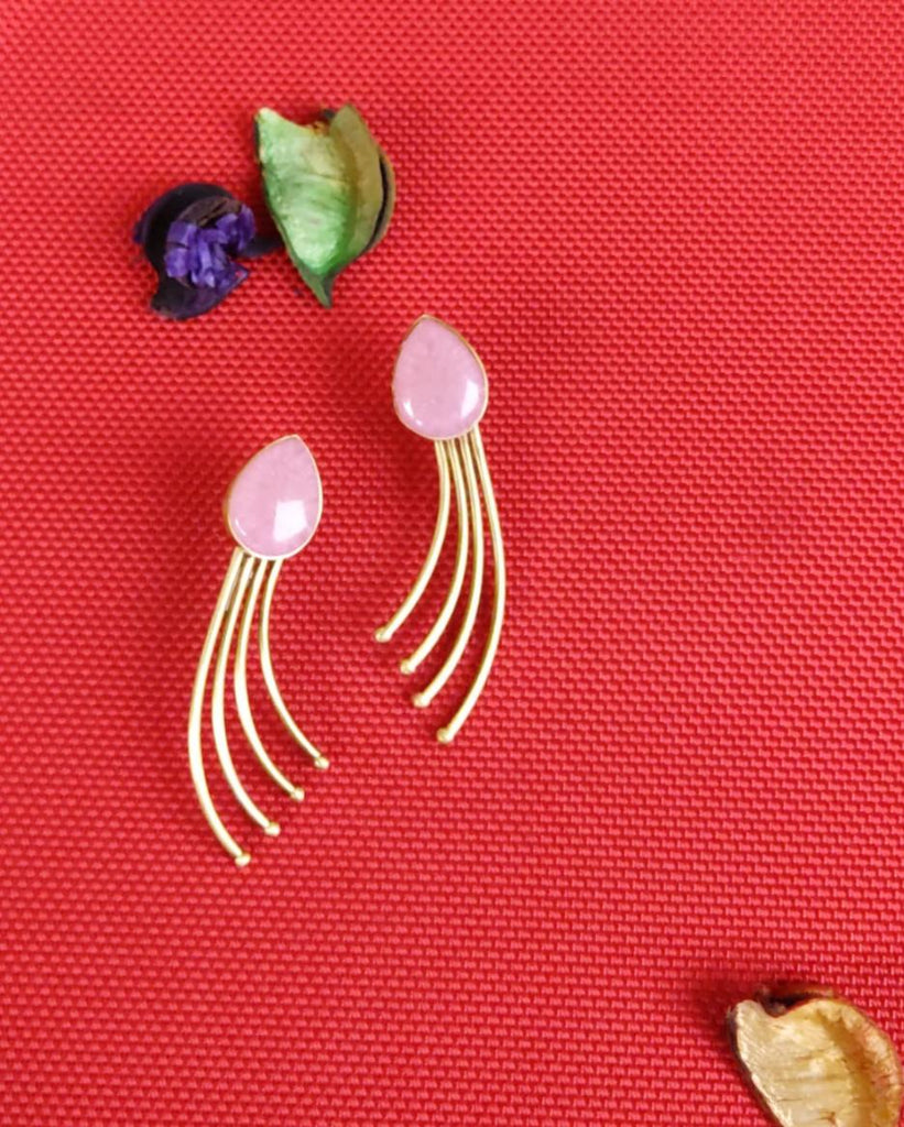 Ohrringe - Messing, vier goldene Strahlen, mit Rosa Kunststein