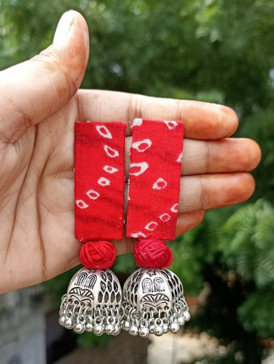 Tie and die fabric earring with oxidized jhumki dangler