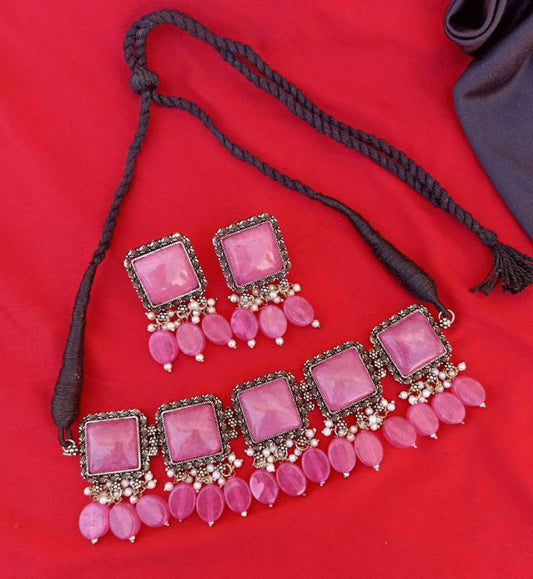 Choker mit Kunststeine mit Ohrringe - Rosa