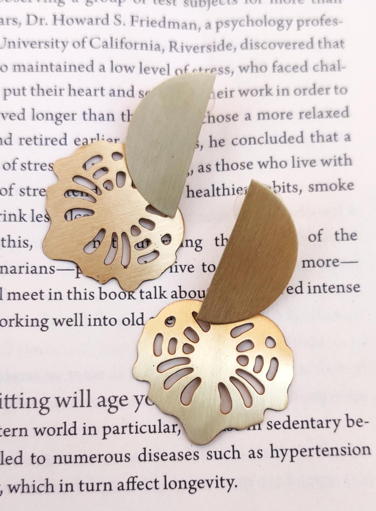 Brass earring with half moon and leaf design