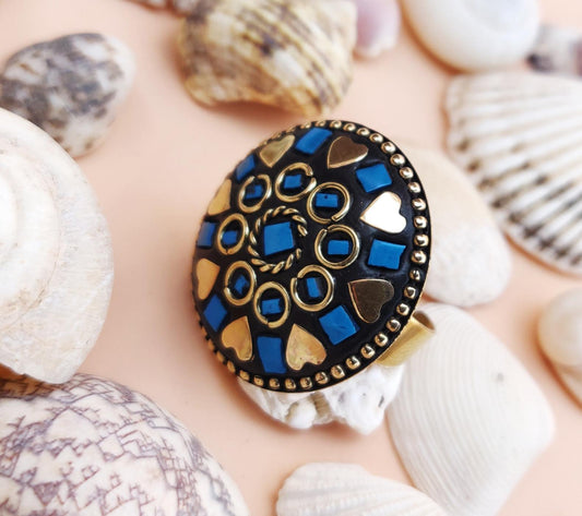 Tribal round ring in blue and golden