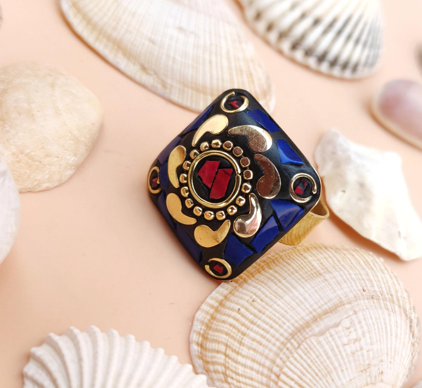 Tribal square ring in blue and golden